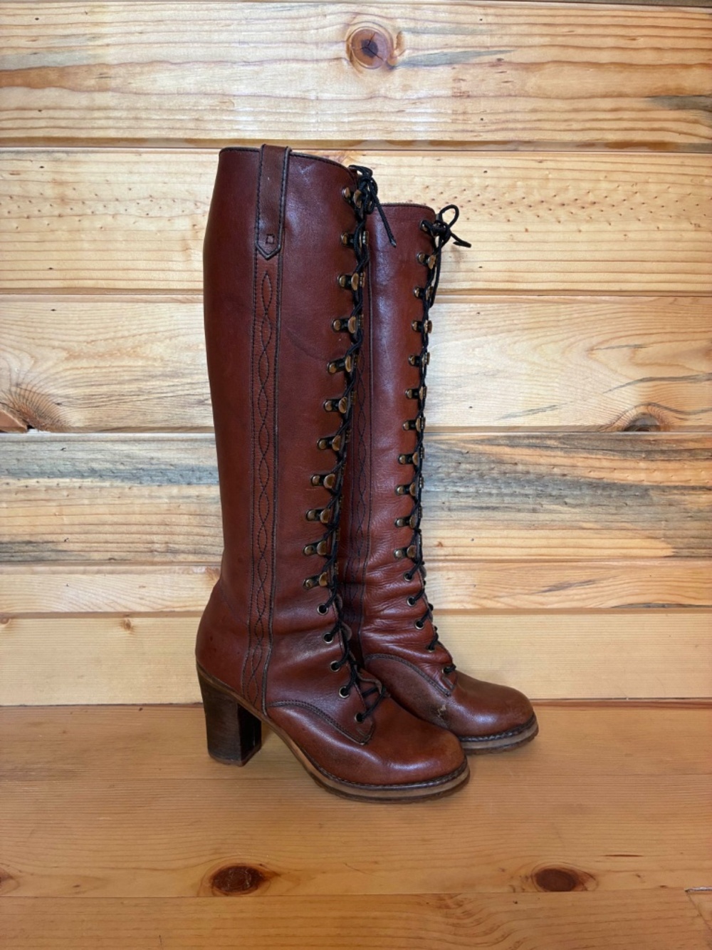 1970's Lace Up Campus Boots tall brown leather - Picture 2 of 13